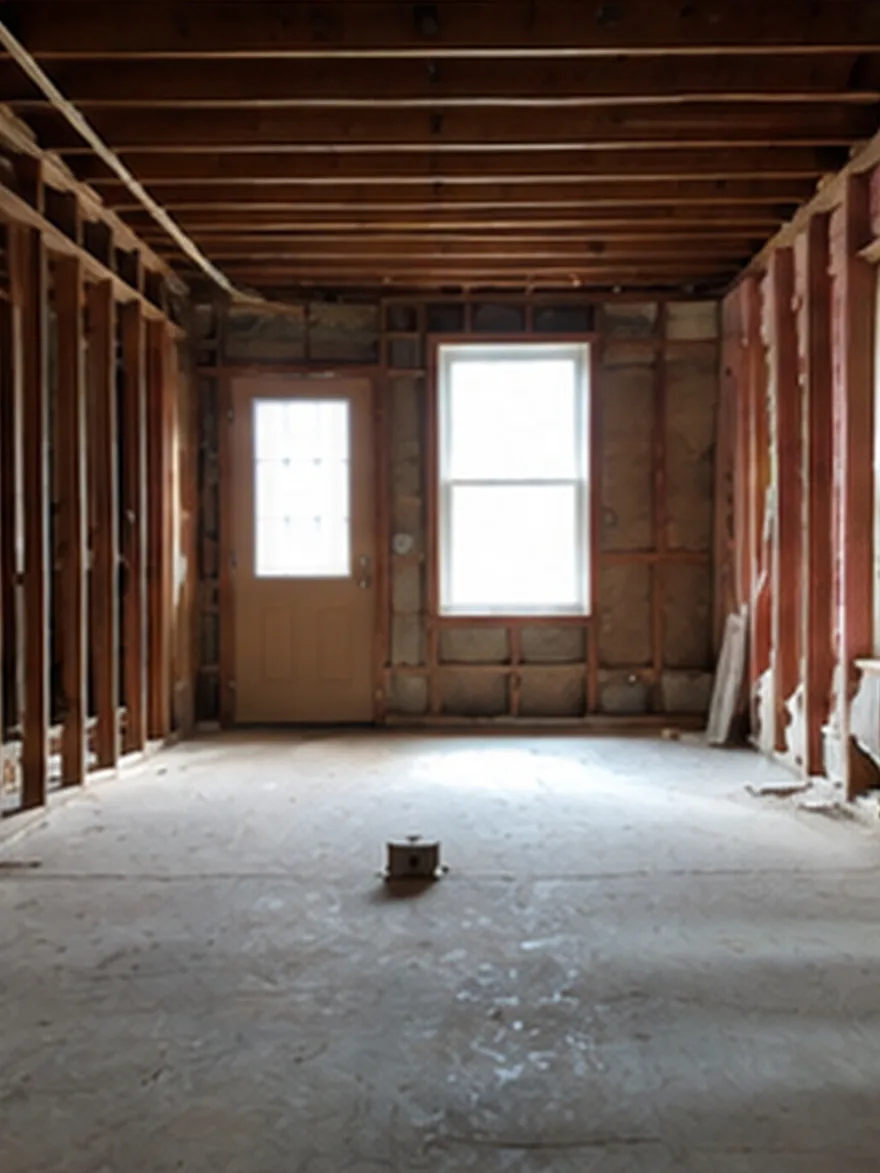 The same room before the remodel, stripped to the studs