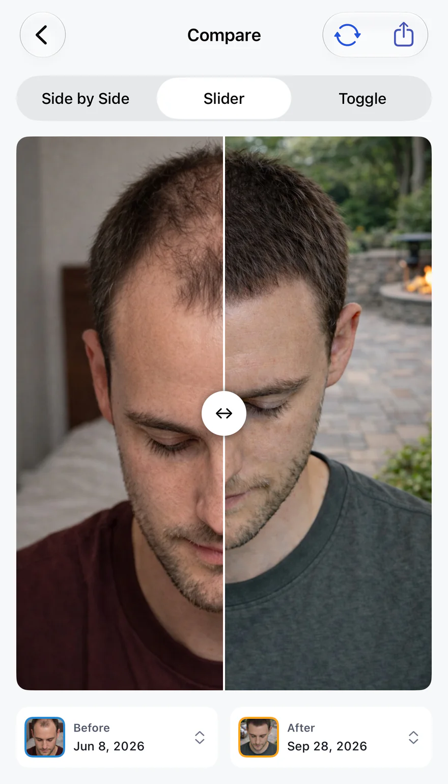 Compare screen on iPhone with a slider between two aligned portraits